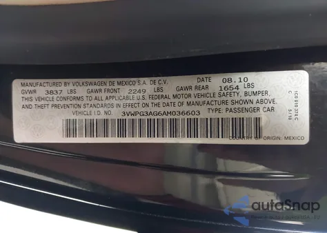 2010 Volkswagen New Beetle 2.5L из США, поврежденный, VIN 3VWPG3AG6AM036603